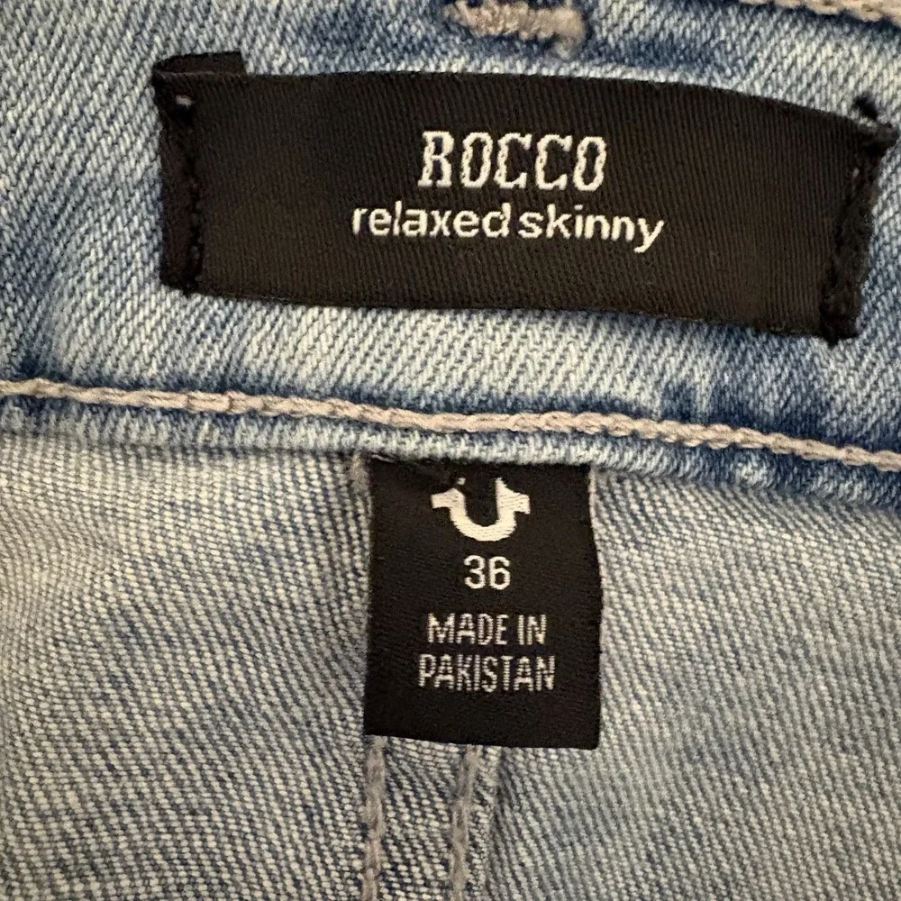 True Religion Rocco Moto Jeans Mens 36x32 Light Wash Relaxed Skinny Denim